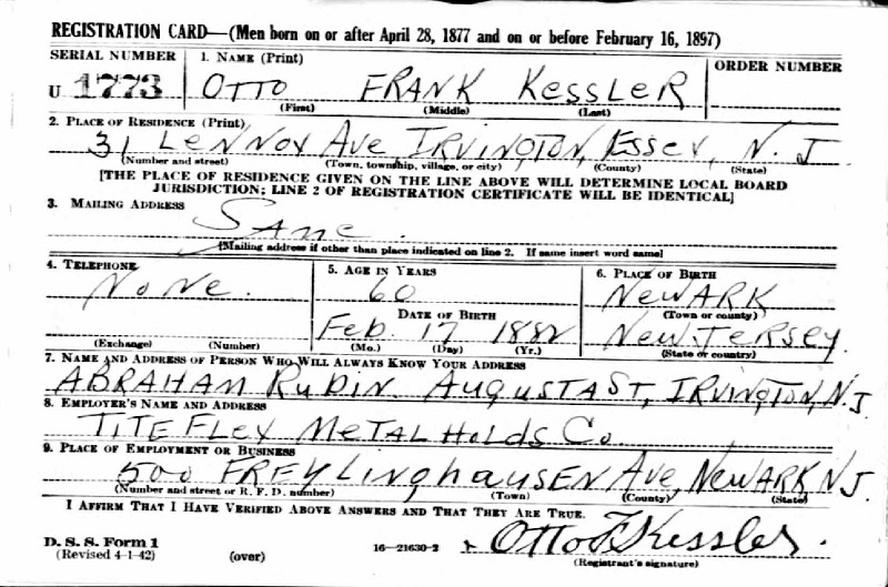 Otto Kessler World War I Draft Registration
