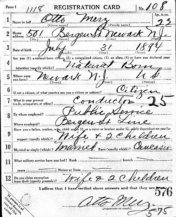 Otto Carl Merz WW1 Draft Registration
