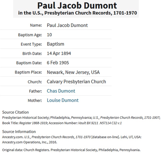 Paul J. Dumont Birth Record