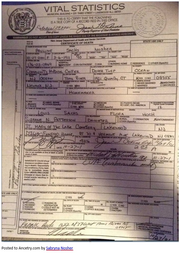 Pauline Sachs Nosher Death Certificate