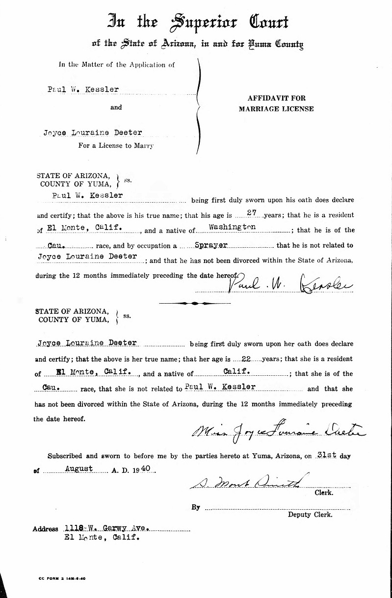 Paul Kessler and Joyce Deeter Marriage License