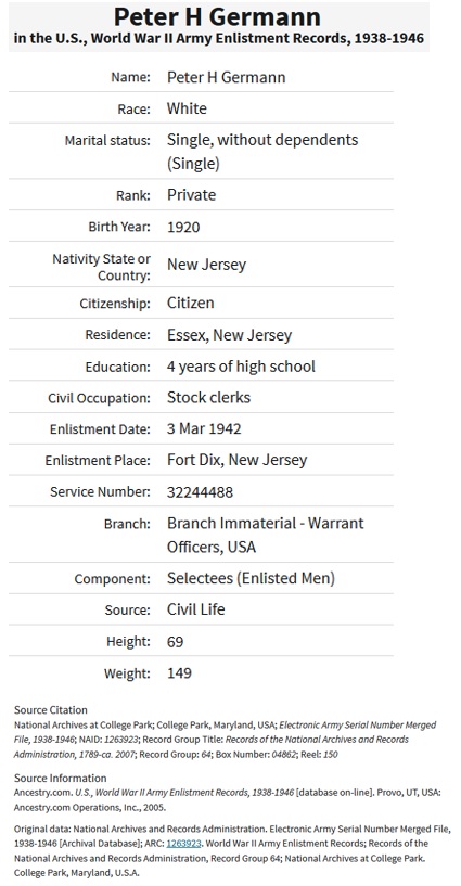 Peter H. Germann Military Service Record