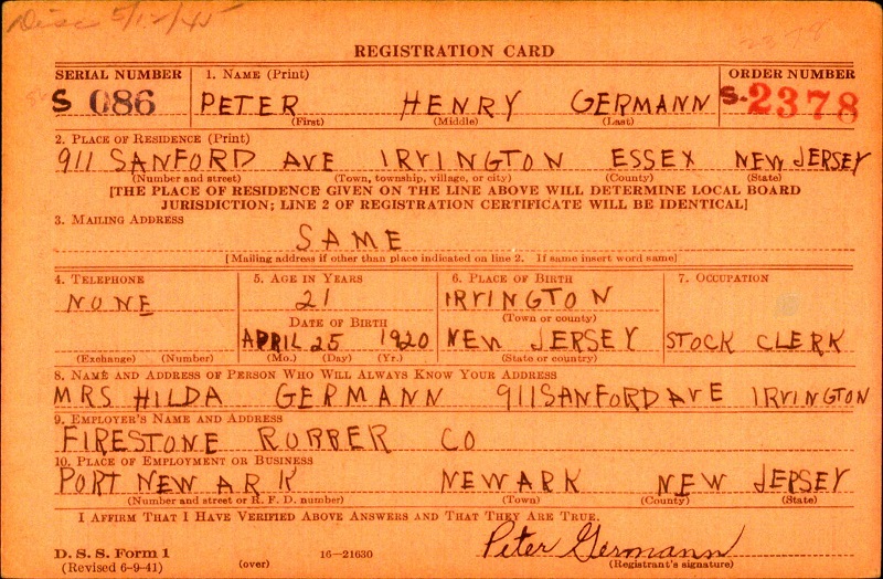 Peter H. Germann WW2 Draft Registration
