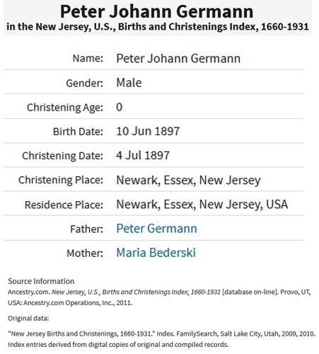 Peter Johann Germann Jr. Birth Index