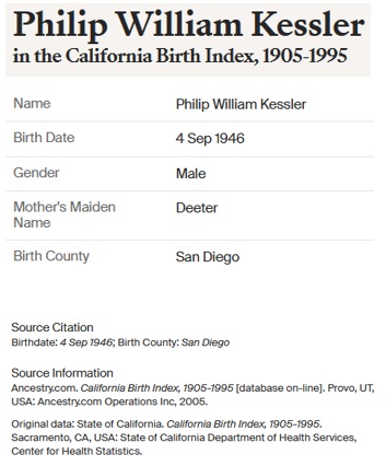 Philip William Kessler Birth Index