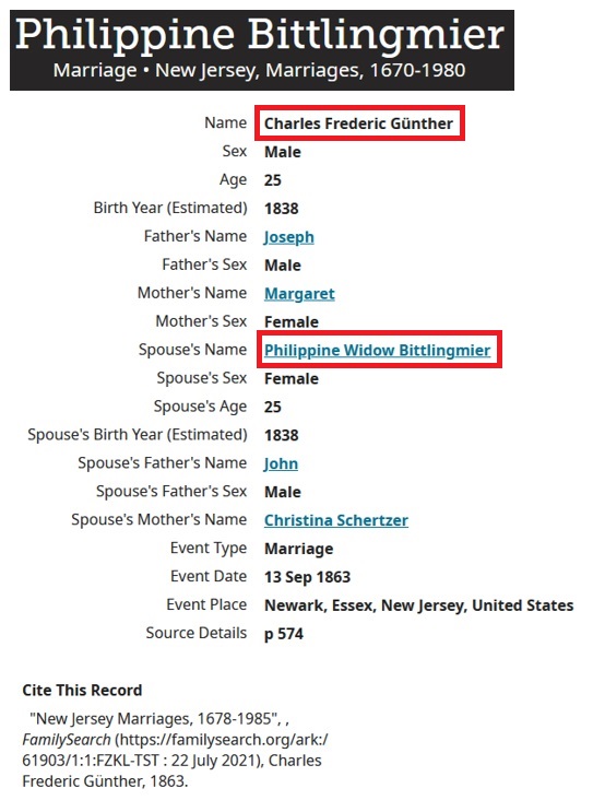 Charles Gunther and Phillipina Scherzer Bittlingmeier Marriage Index