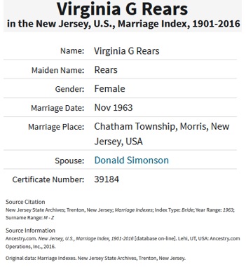 Virginia Rears and Donald Simonson Marriage Record