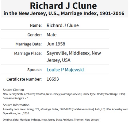 Richard Clune and Louise Majewski Marriage Record