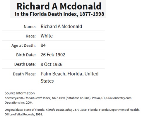 Richard A. McDonald Death Index