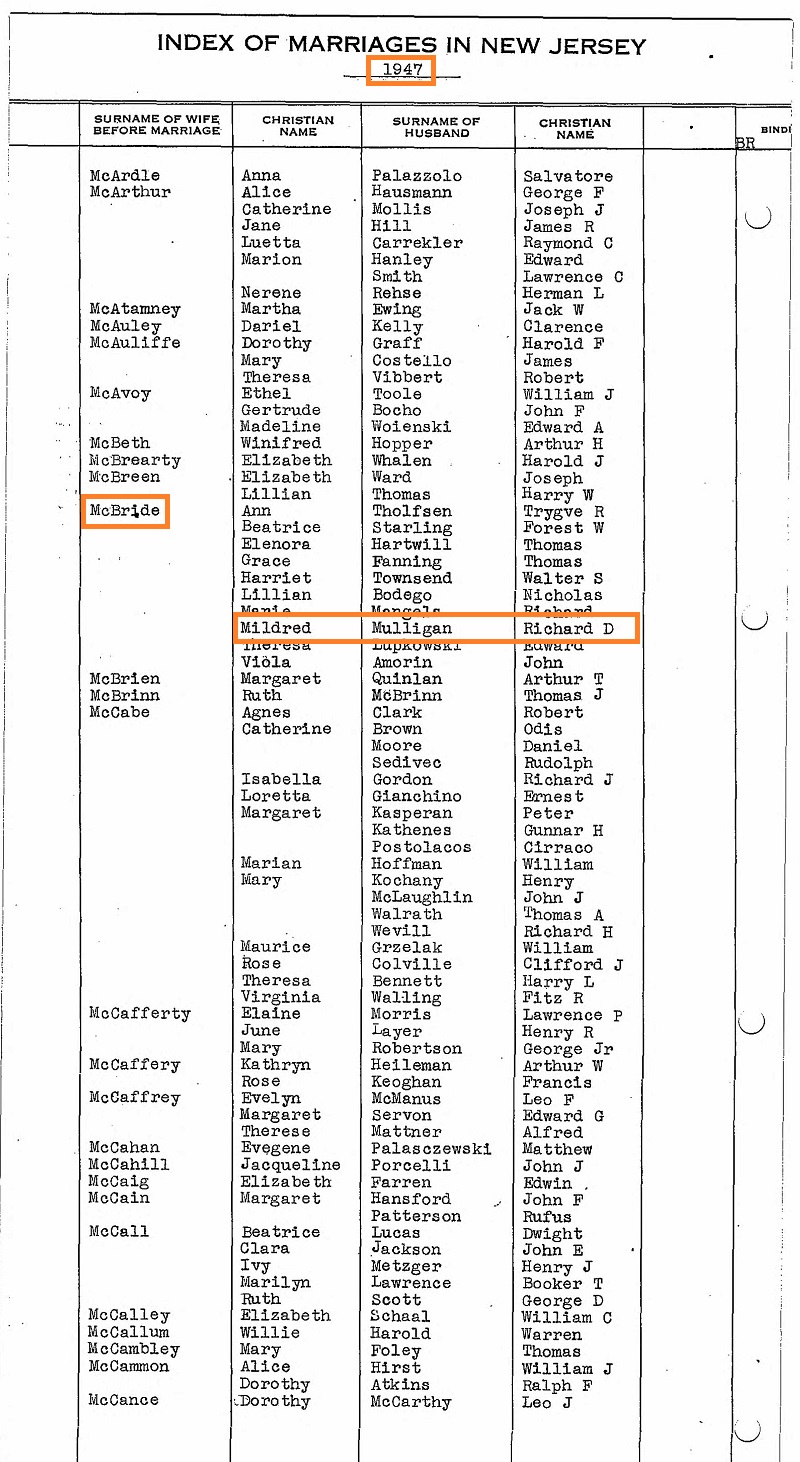 Richard D. Mulligan and Mildred McBride Marriage Index