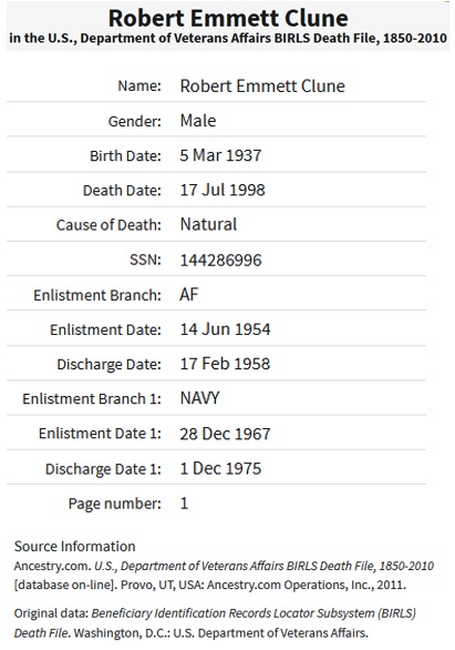 Robert E. Clune Military Service Record