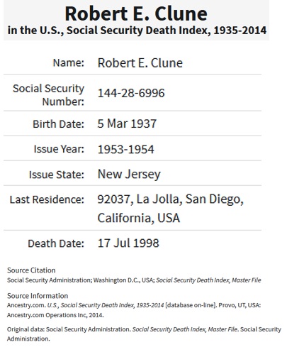 Robert E. Clune Social Security Death Index