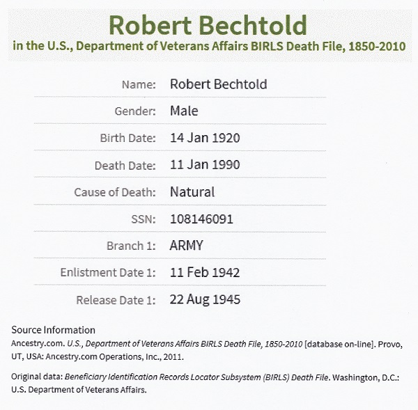 Robert E. Bechtold's Veterans Affairs Death File