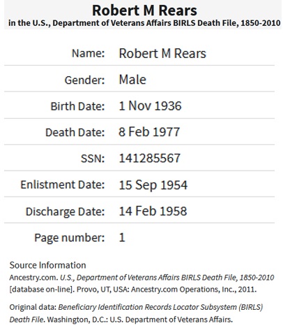 Robert M. Rears Military Service Record
