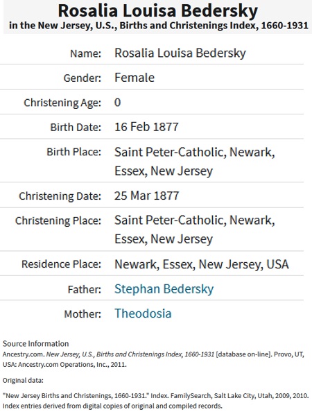 Rosalia Louisa Bederski Birth Index