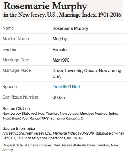 Rose Marie Murphy and Frank Nutt Marriage