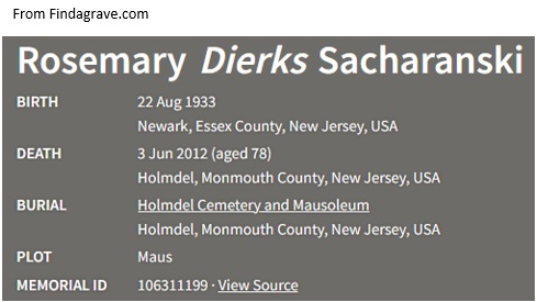 Rosemarie Dierks Sacharanski Cemetery Record