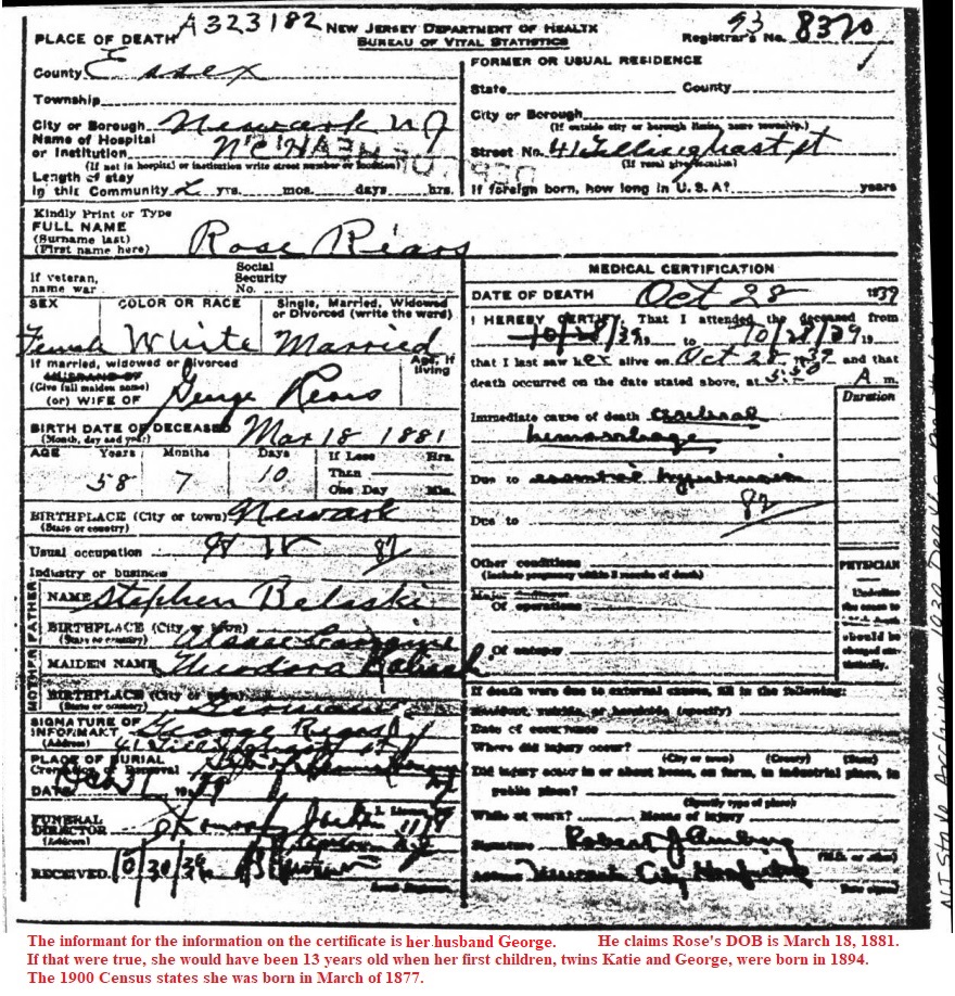 Rosalia Bederski Rears Death Certificate