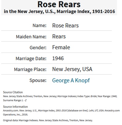 Rose Marie Rears and George Knopf Marriage