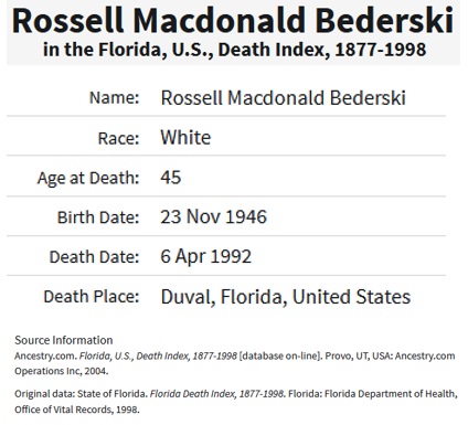 Rossell MacDonald Bederski Death Index