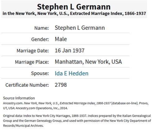 Stephen Germann and Ida Hedden Marriage Index