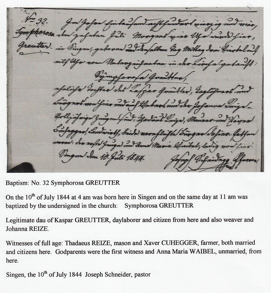 Symphorosa Greutter Birth Record