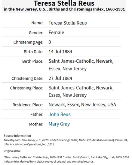 Teresa Stella Reuss Birth Index