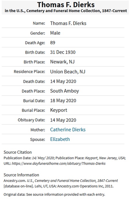 Thomas F. Dierks Death Record