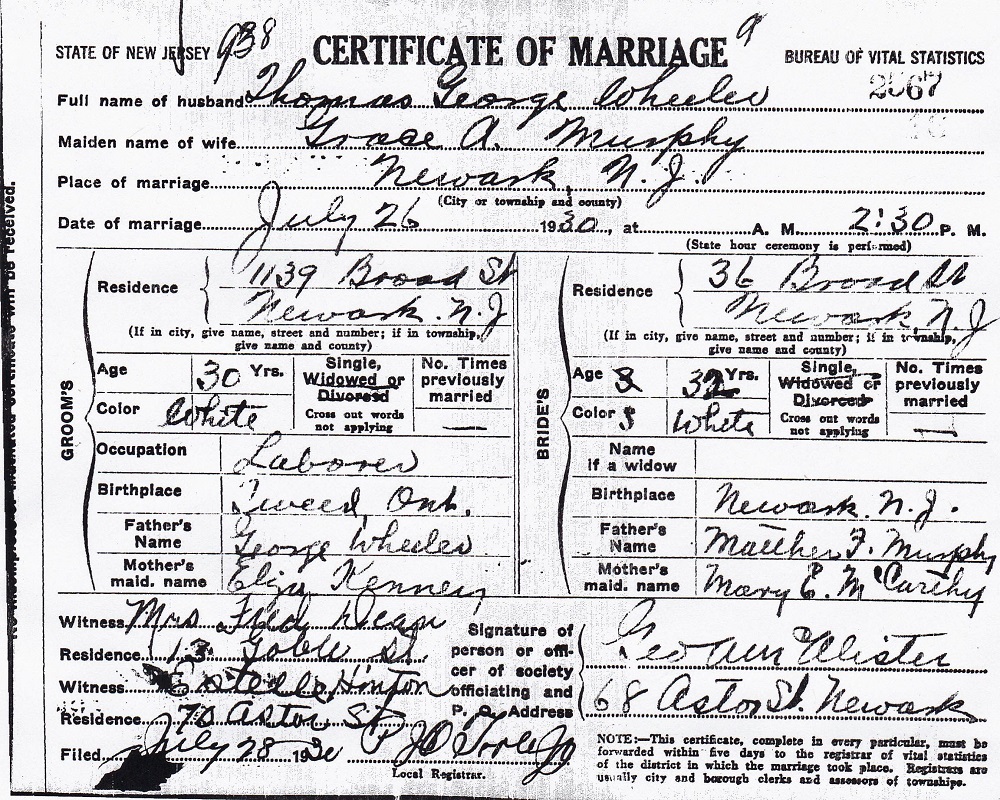 Grace Murphy and Thomas Wheeler Marriage Certificate