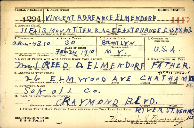 Vincent Adreance Elmendorf WW2 Draft Registration
