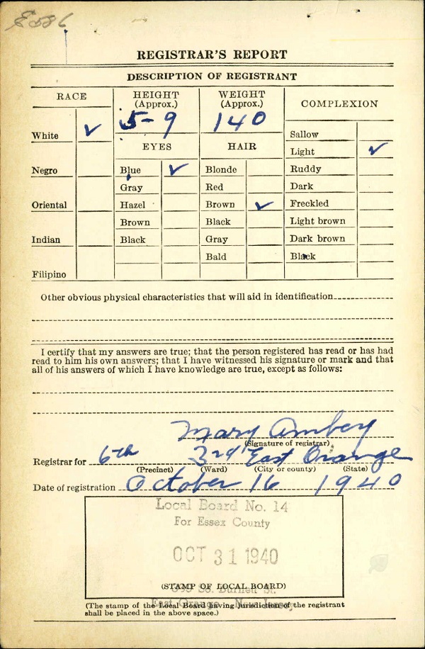 Vincent Adreance Elmendorf WW2 Draft Registration