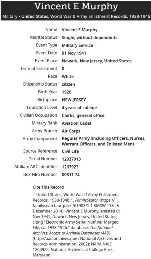 Vincent E. Murphy WW2 Draft Registration