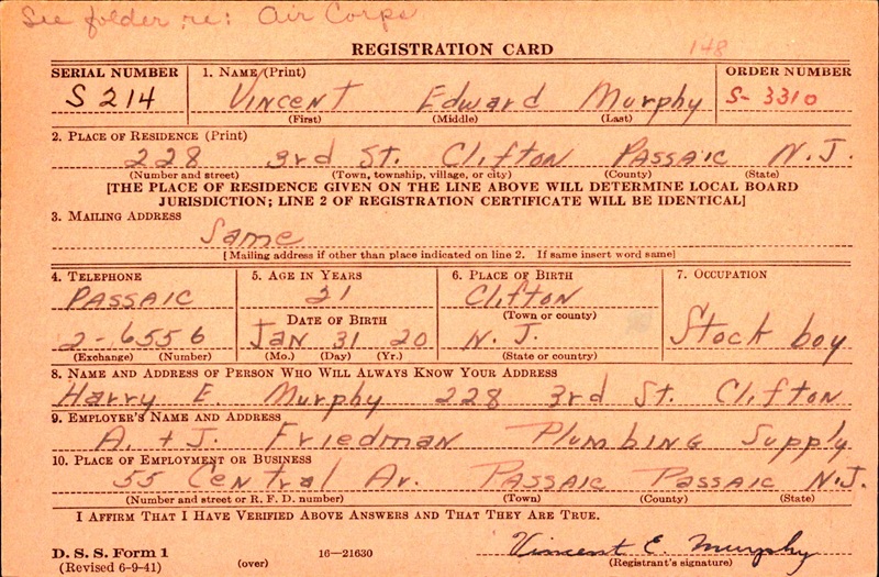 Vincent E. Murphy WW2 Draft Registration