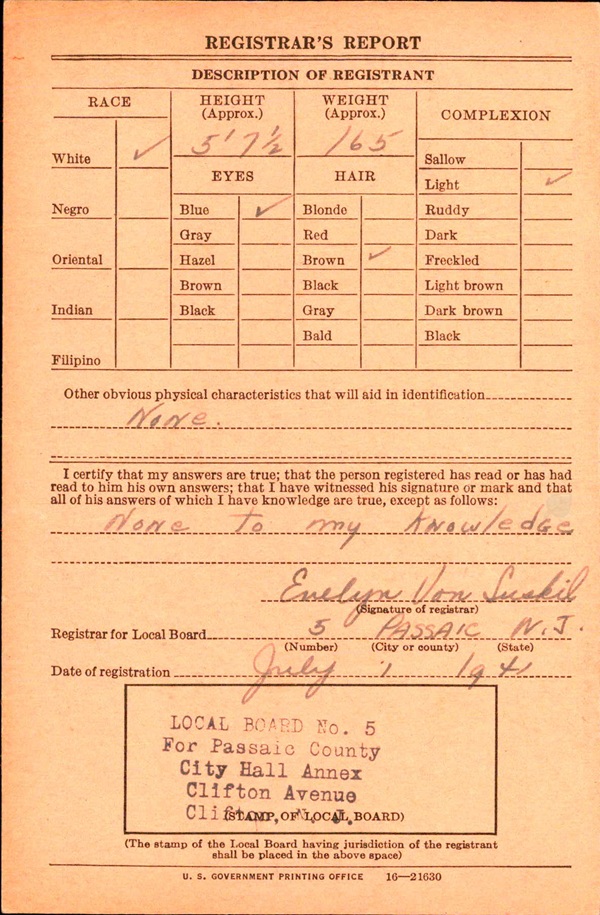 Vincent E. Murphy WW2 Draft Registration