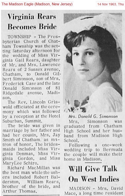 Virginia Rears and Donald Simonson Marriage Record