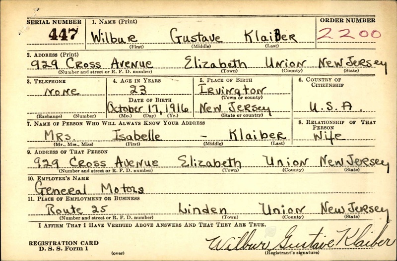 Wilbur Klaiber World War II Draft Registration