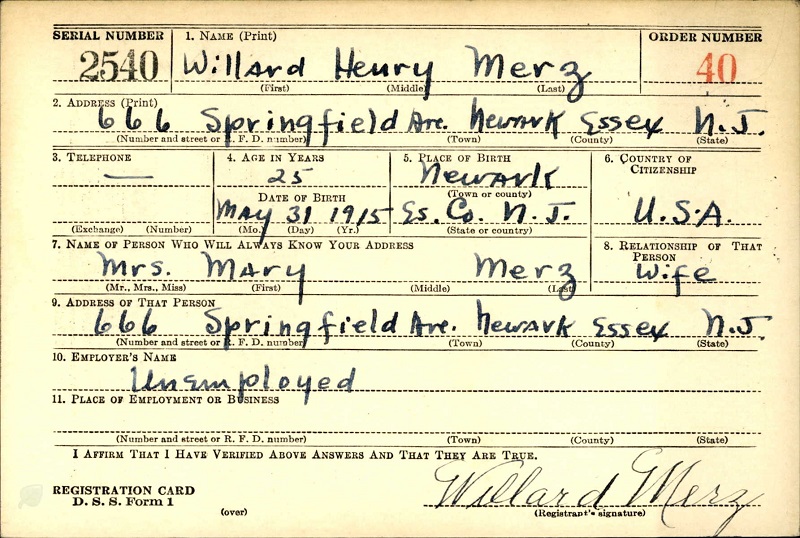 Willard Henry Merz World War II Draft Registration