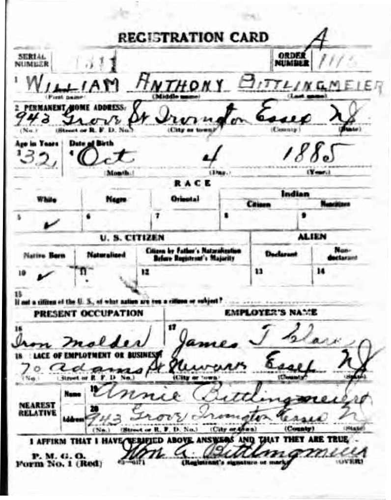 William A. Bittlingmeier's World War I Draft Registration Card Part 1