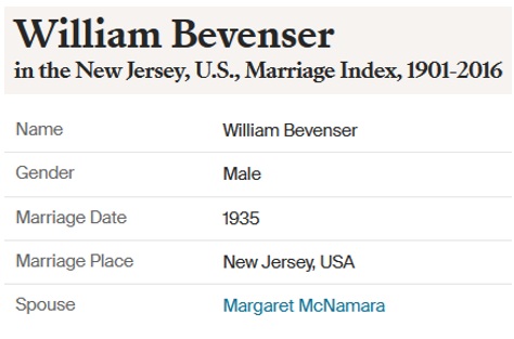 William F. Bevensee and Margaret W. McNamara Marriage Index
