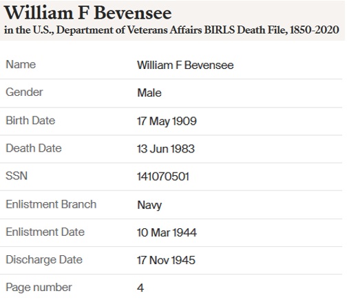 William F. Bevensee World War II Military Service Record