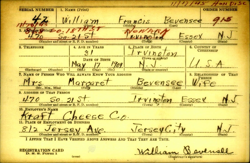 William F. Bevensee World War II Draft Registration