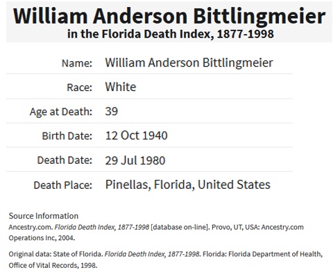 William Anderson Bittlingmeier Death Index