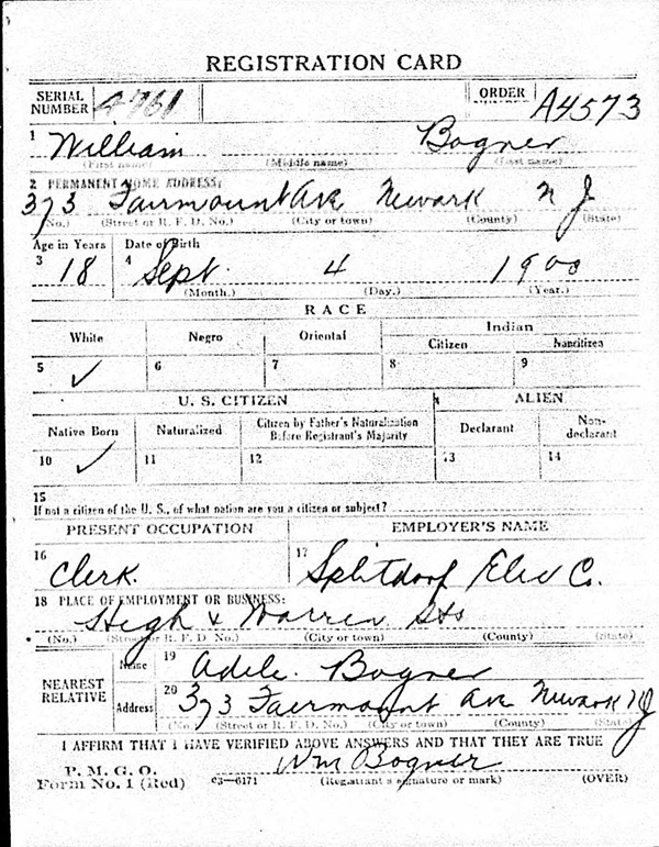 William Bogner's World War I Draft Registration Card Part 1