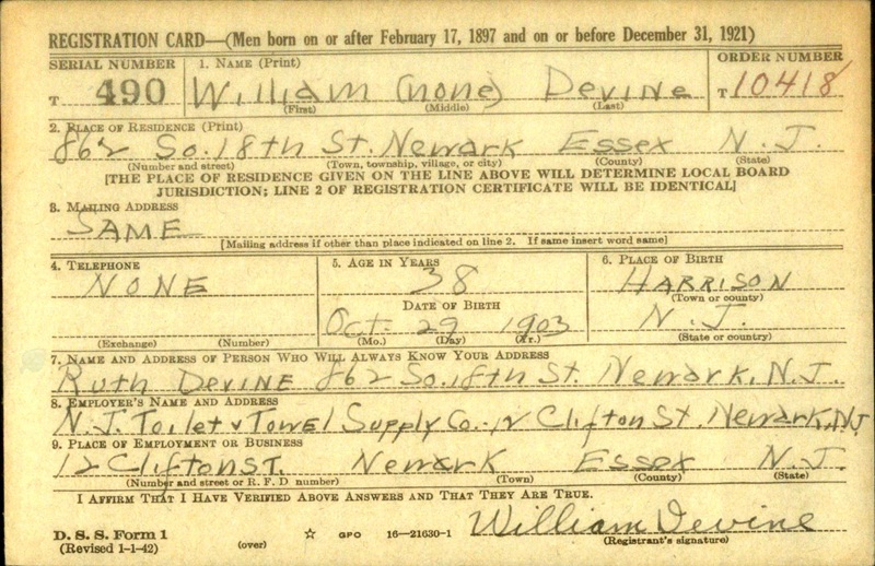 William P. Devine World War II Draft Registration