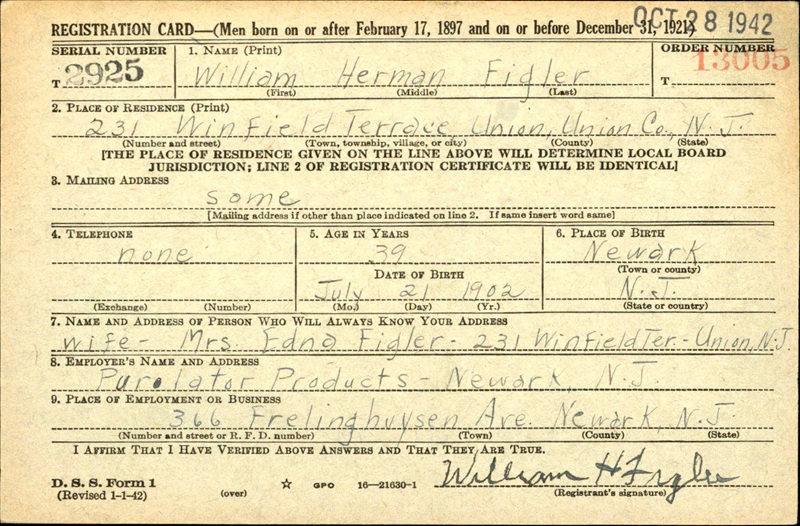 William Figler World War II Draft Registration