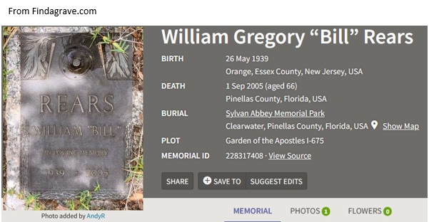 William Gregory Rears Cemetery Record