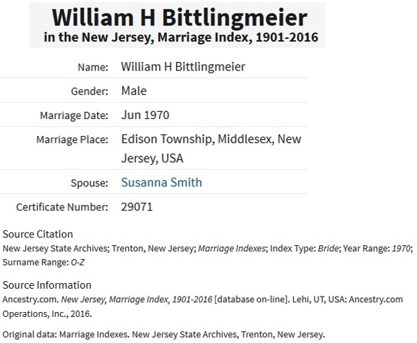 Marriage Record for William H. Bittlingmeier and Susanna Smith