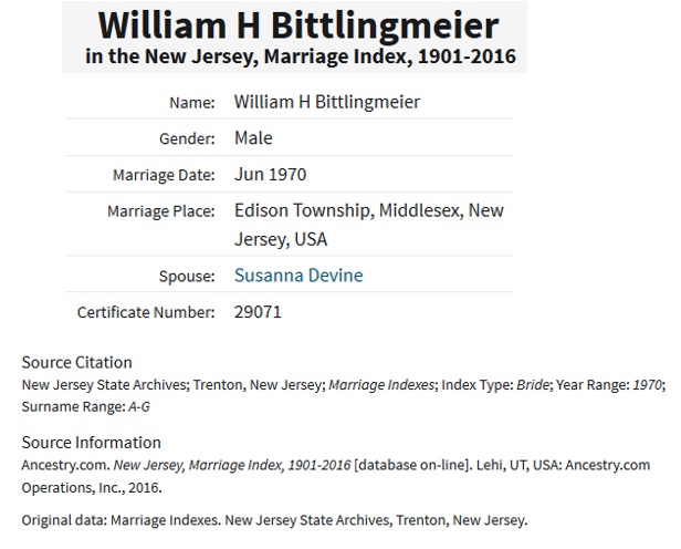 Marriage Record for William H. Bittlingmeier and Susanna Smith