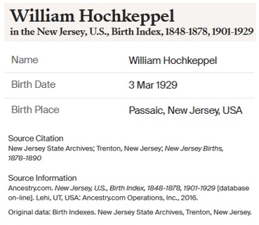 William H. Hochkeppel Birth Index