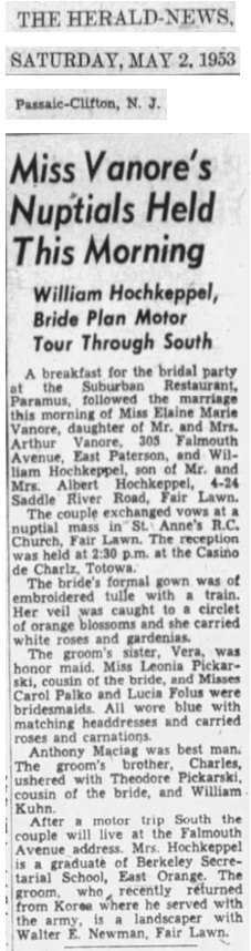 William H. Hochkeppel and Elaine Vanore Marriage